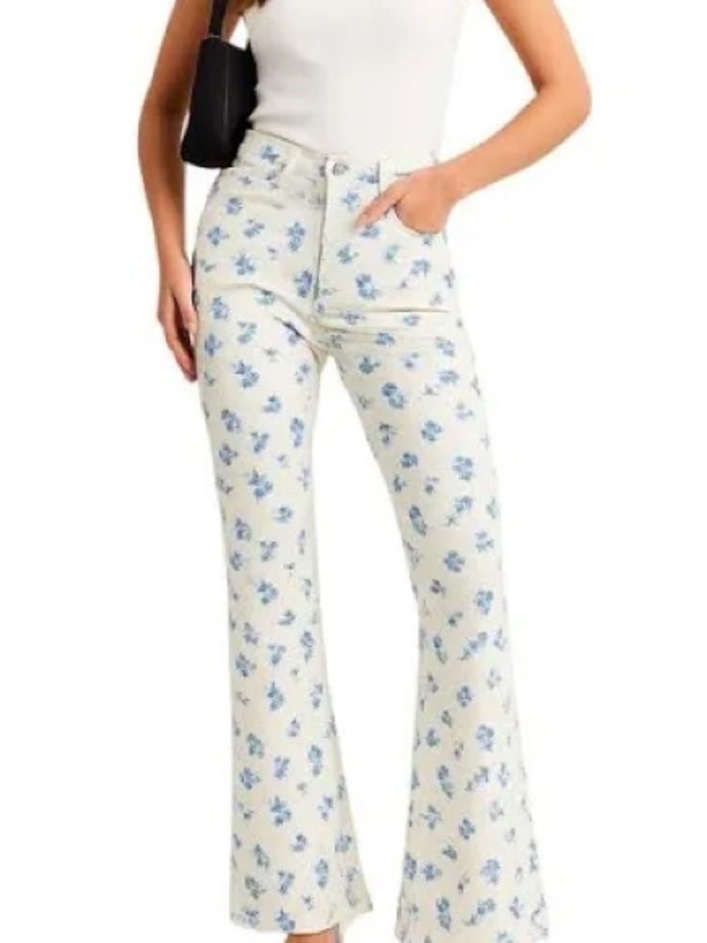 Altar'd State Cream Flare Jeans with Blue Floral Print